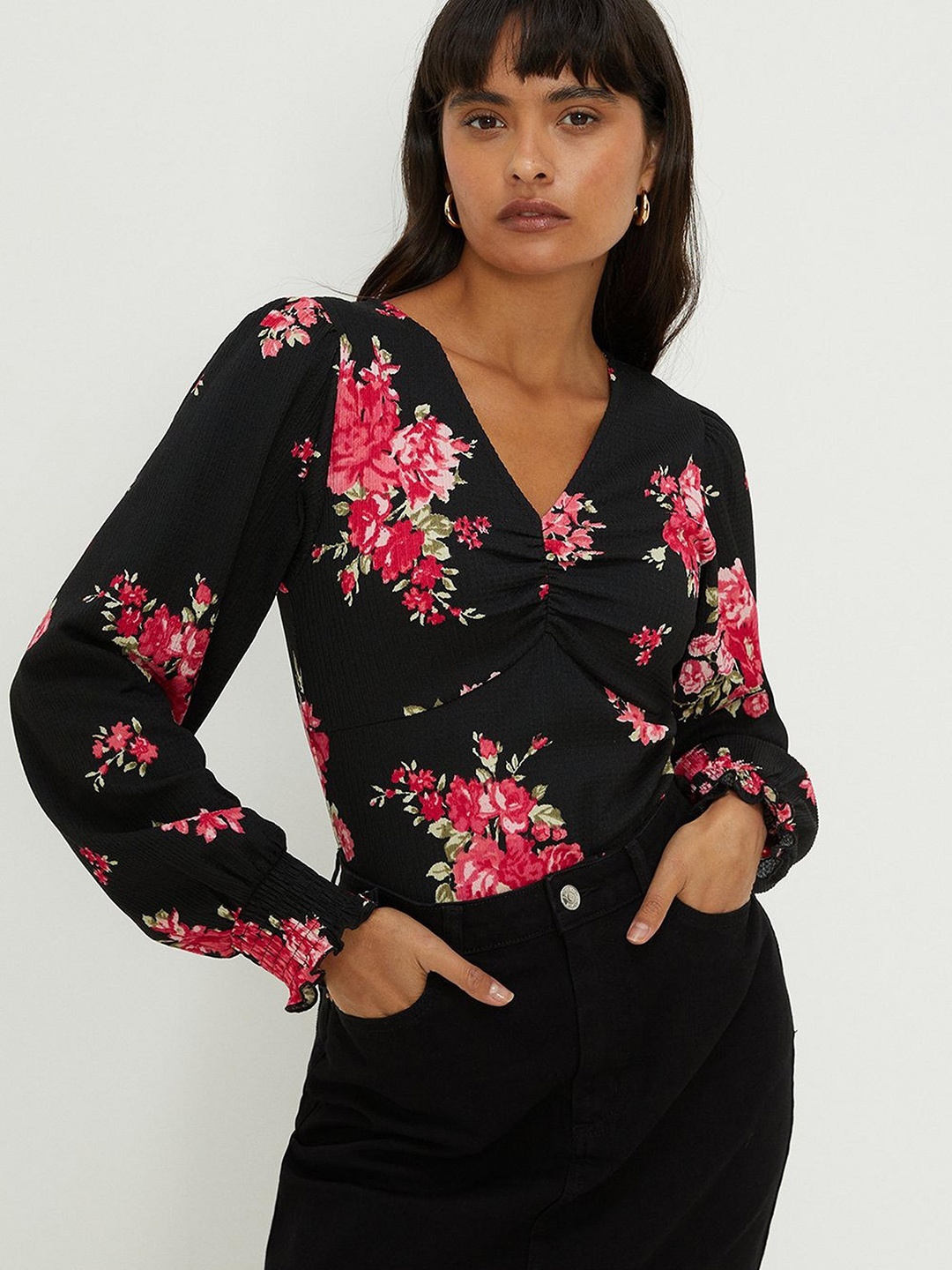 

DOROTHY PERKINS Floral Printed Puff Sleeves Top, Black