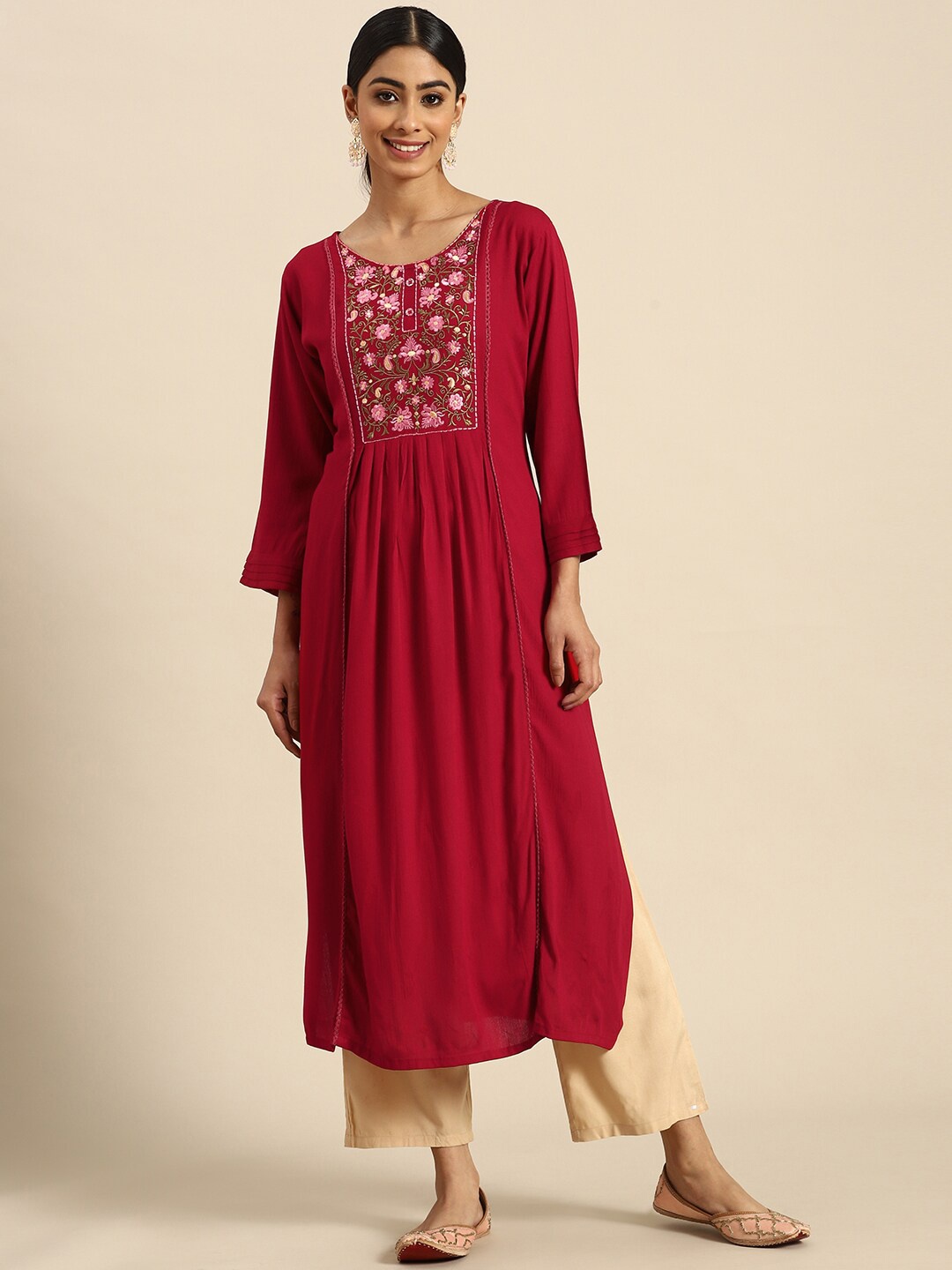 KALINI Floral Embroidered Anarkali Kurta, Red