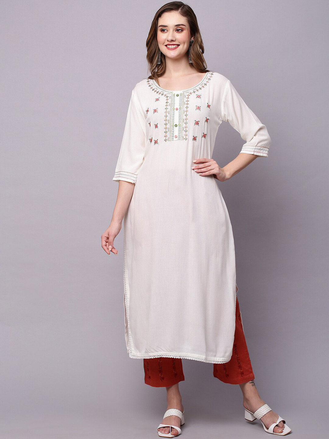

KALINI Floral Embroidered Straight Kurta, White
