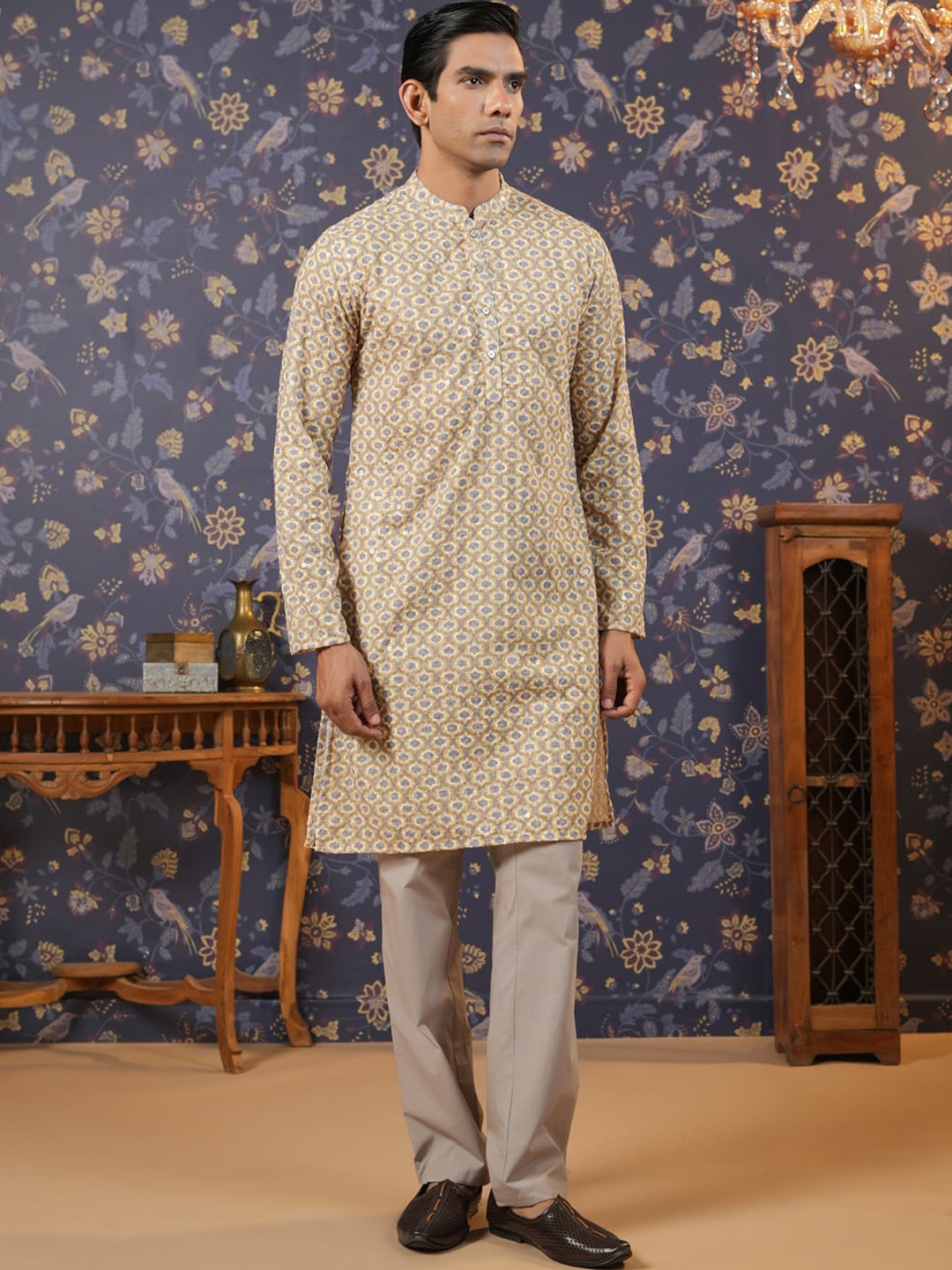 

House of Pataudi Ethnic Motifs Printed Pure Cotton Kurta, Yellow