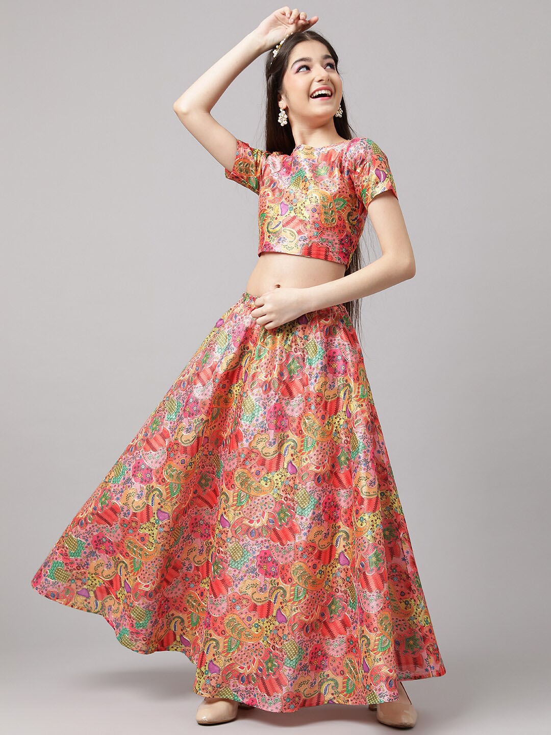 

Inddus Girls Embroidered Ready to Wear Lehenga & Blouse, Pink