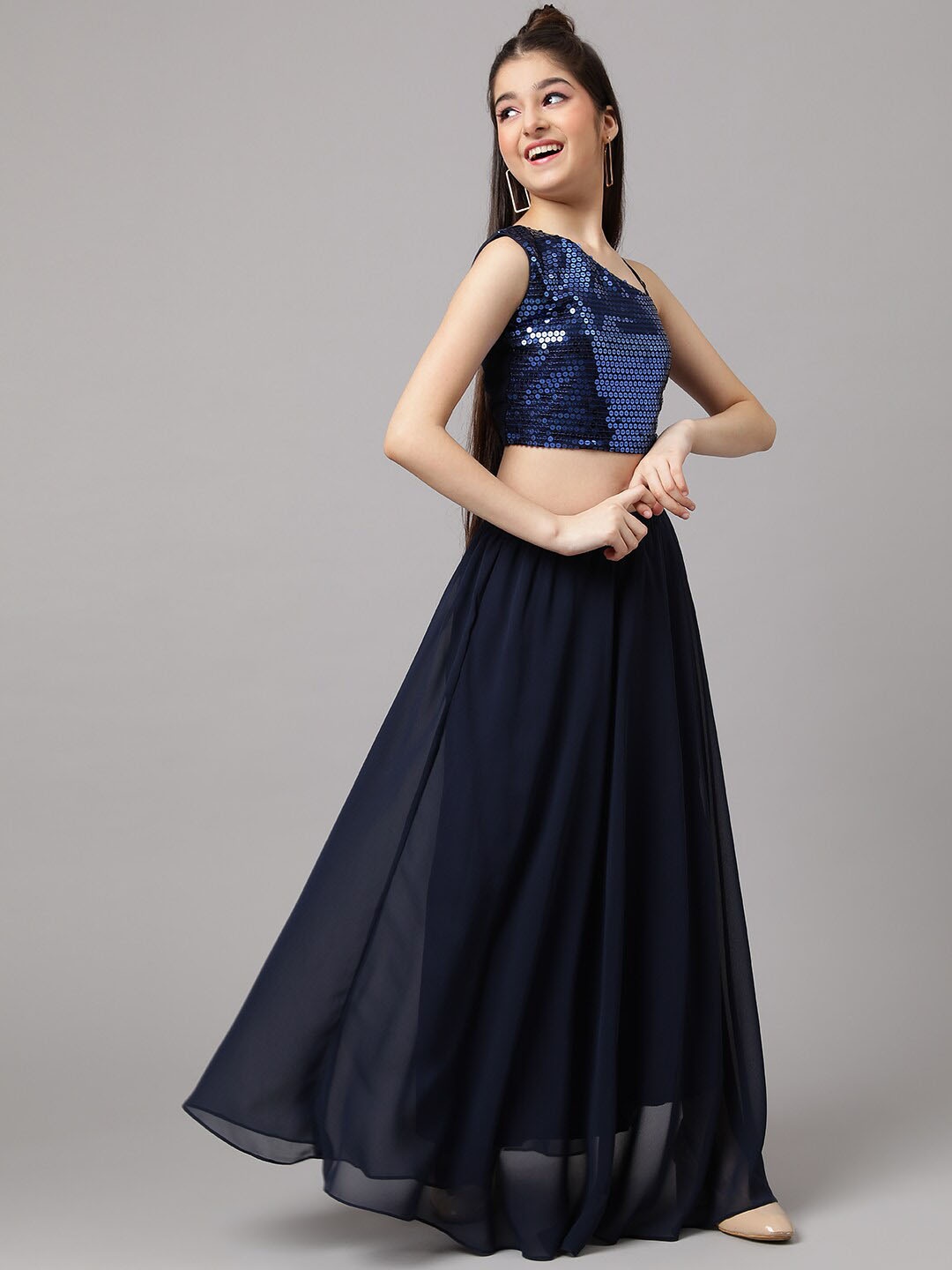 

Inddus Girls Embroidered Sequinned Ready to Wear Lehenga & Blouse, Navy blue