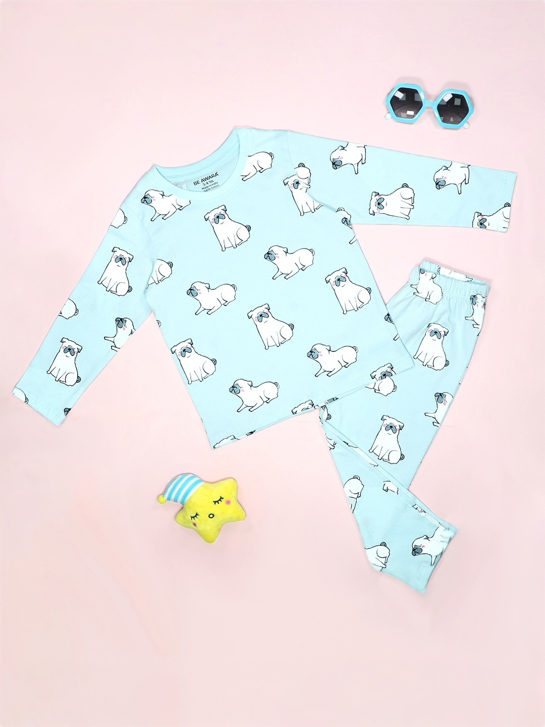 

BE AWARA Kids Graphic Printed Pure Cotton T-shirt & Pyjamas, Blue