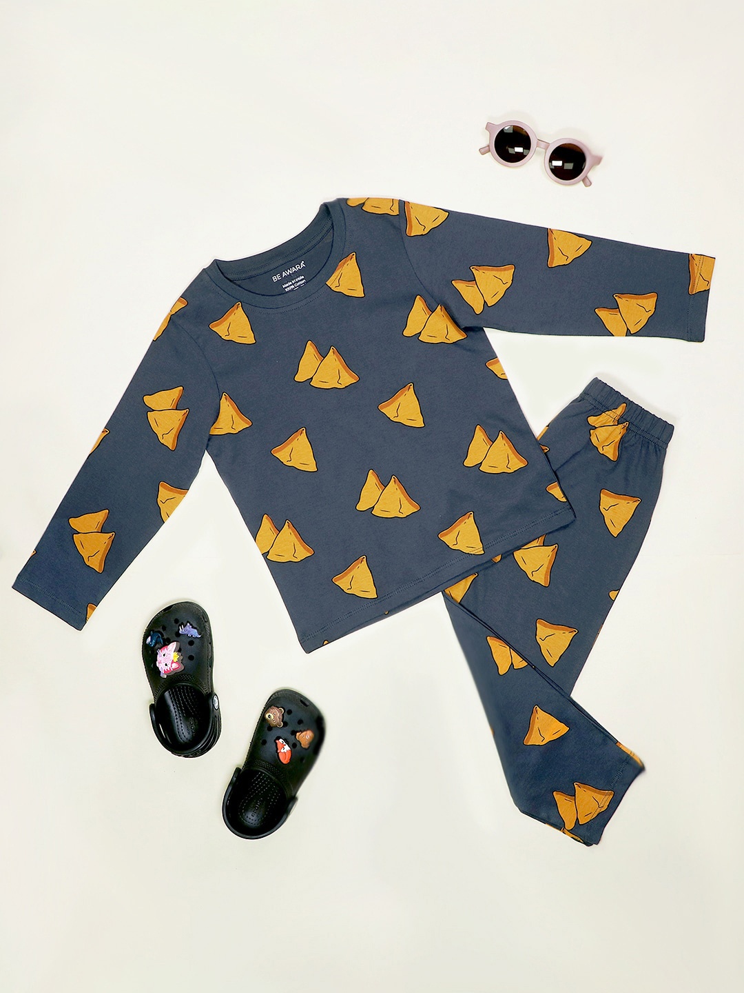 

BE AWARA Kids Graphic Printed Pure Cotton T-shirt & Pyjamas, Grey