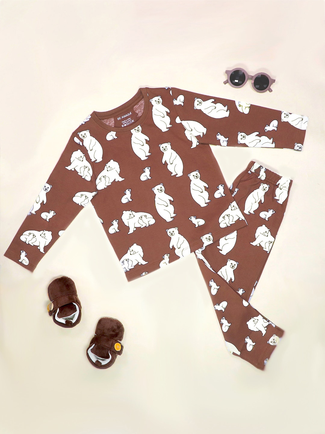 

BE AWARA Kids Graphic Printed Pure Cotton T-shirt & Pyjamas, Brown