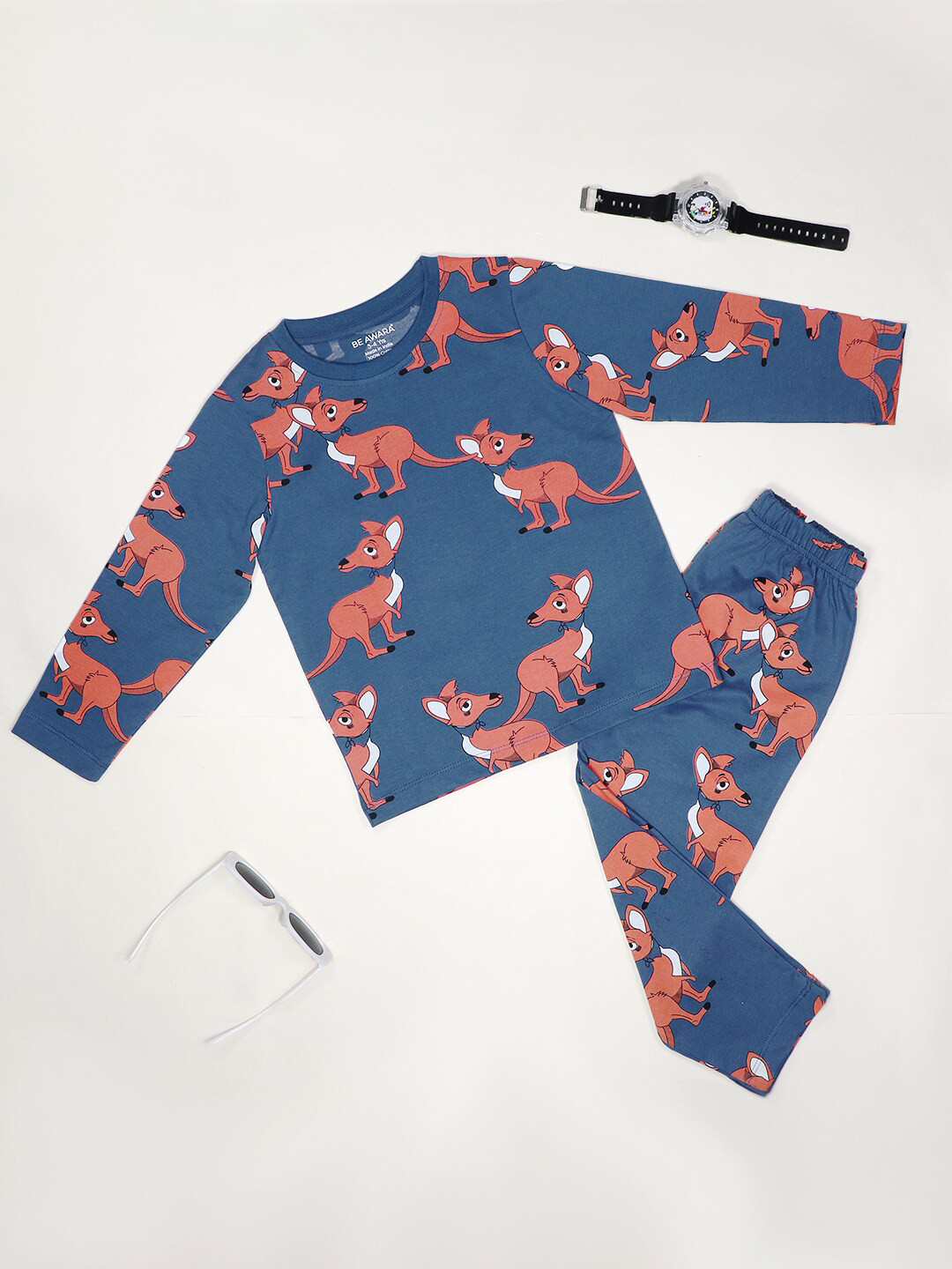 

BE AWARA Kids Conversational Printed Pure Cotton Night Suit, Navy blue