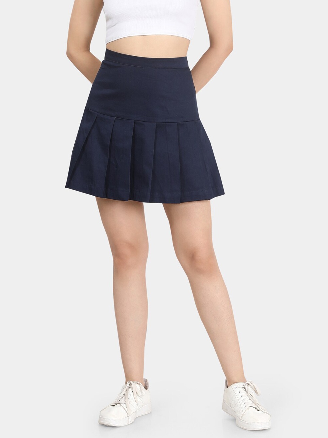 

VASTRADO Pure Cotton Flared Pleated Mini Skirt, Navy blue