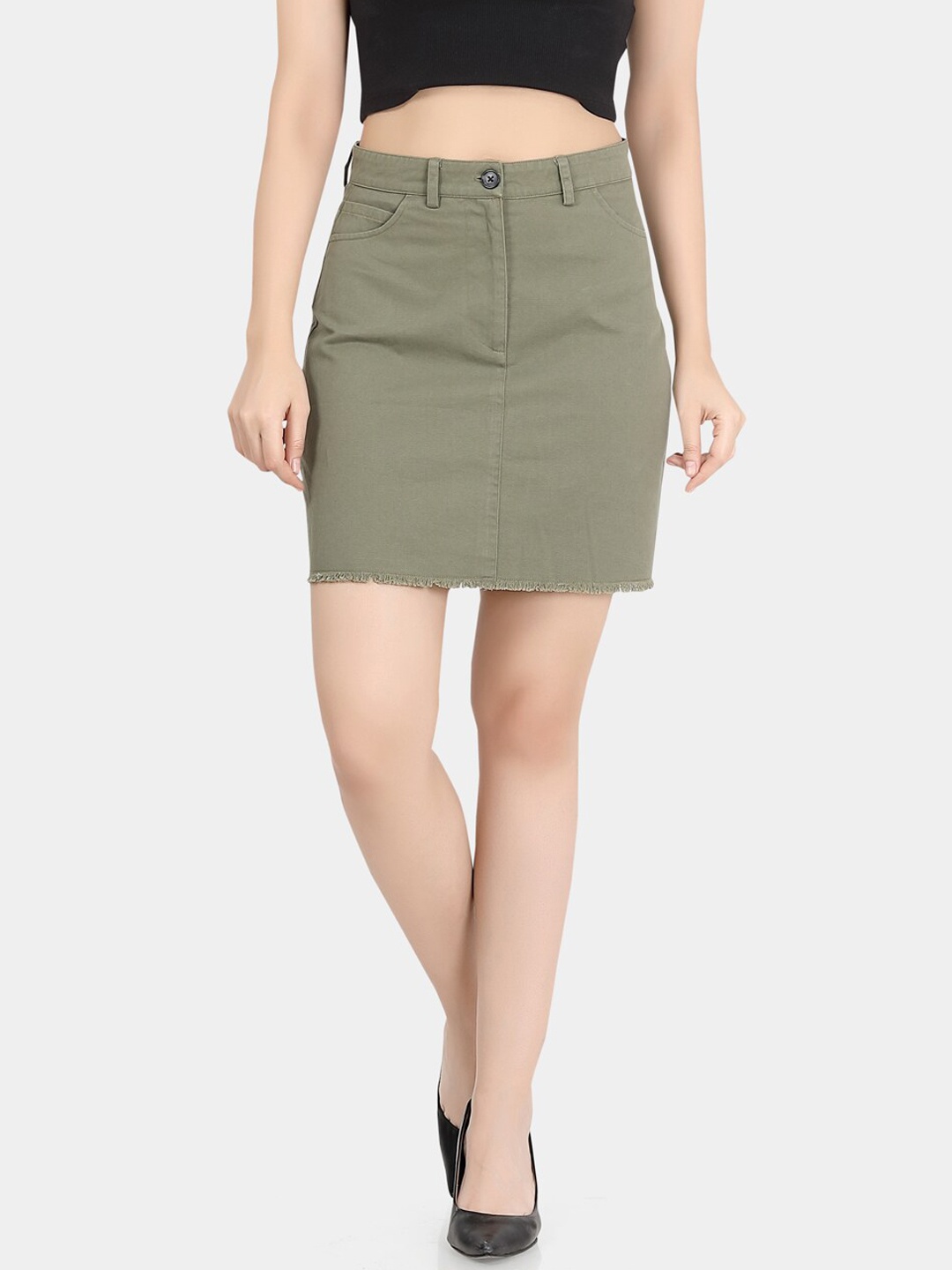 

VASTRADO Pure Cotton Frayed Pencil Mini Skirts, Olive