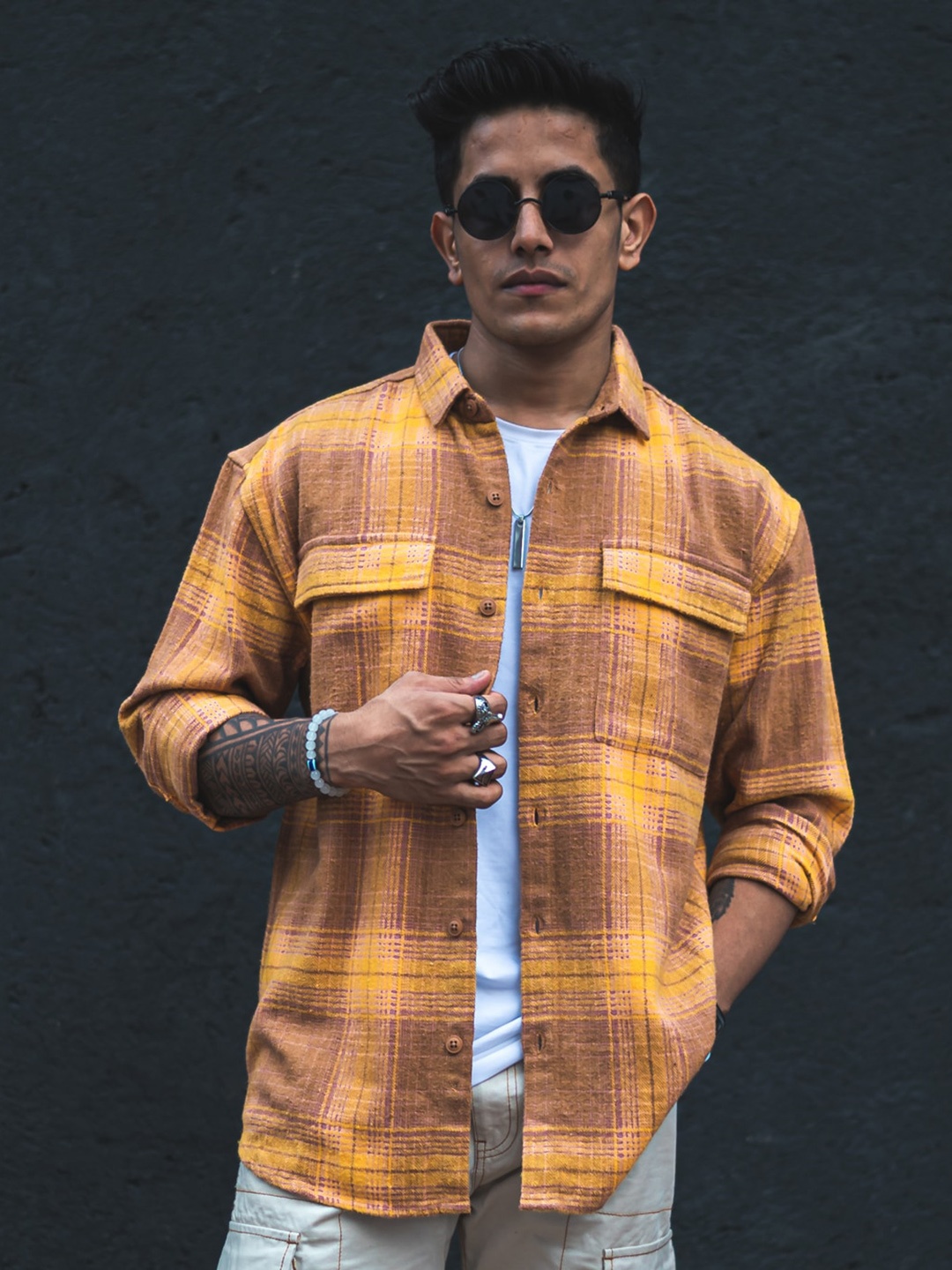 

Powerlook India Slim Tartan Checked Pure Cotton Casual Shacket, Yellow