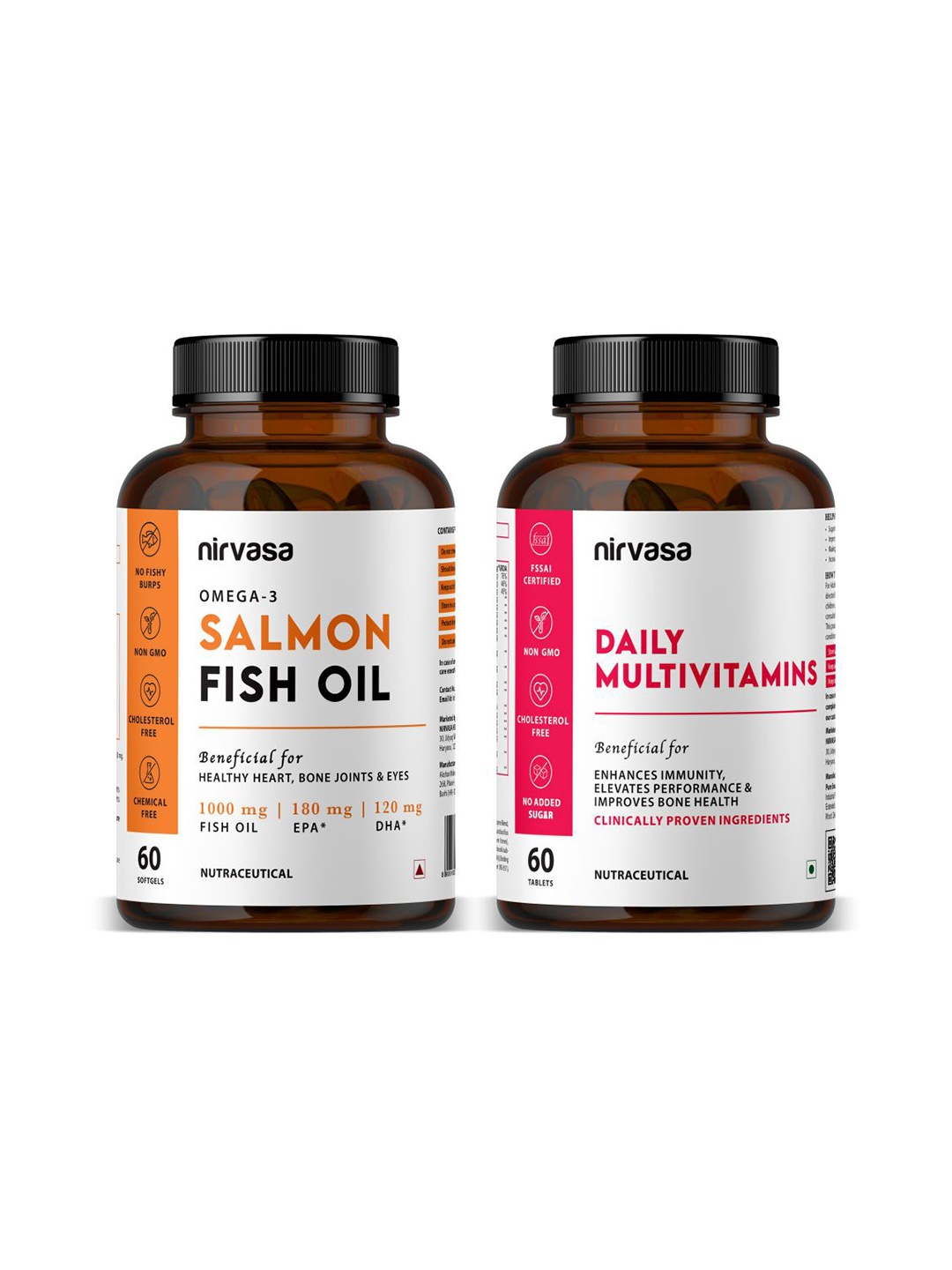 

Nirvasa Omega 3 Salmon Fish Oil Softgels & Daily Multivitamin Tablets Combo - 60N each, White