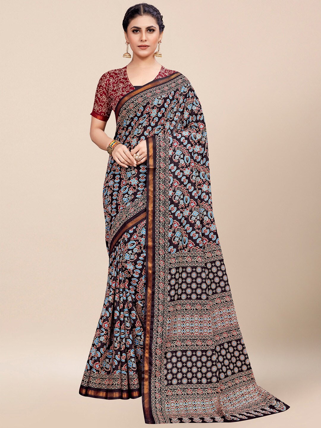 

Saree mall Black Blue Ethnic Motifs Printed Zari Poly Cotton Bagh Sarees