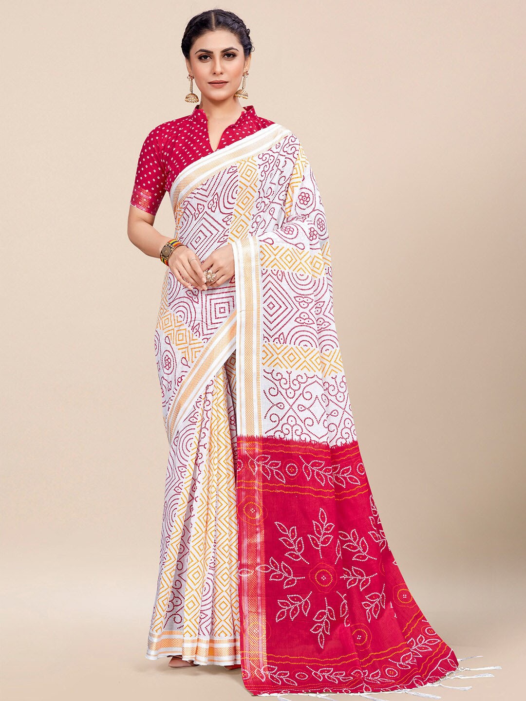 

Saree mall Ethnic Motifs Printed Zari Poly Cotton Saree, White