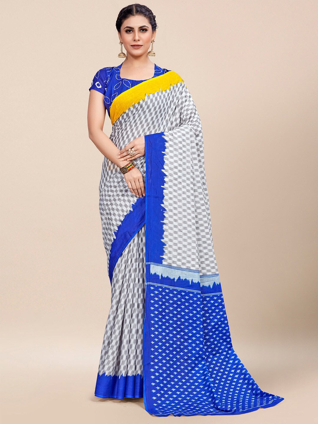 

Saree mall Checked Pure Cotton Block Print Sarees, White