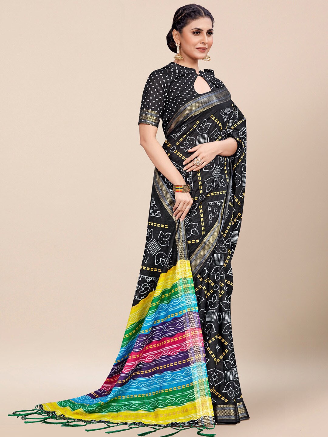 

Saree mall Black Green Bandhani Printed Zari Poly Cotton Sarees