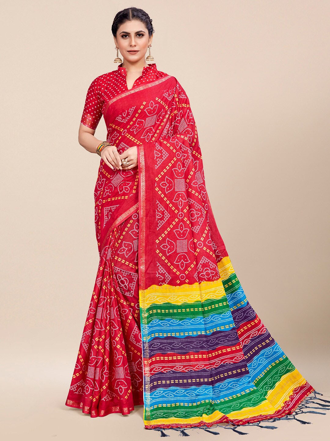 

Saree mall Red Green Bandhani Printed Poly Cotton Bandhani Sarees