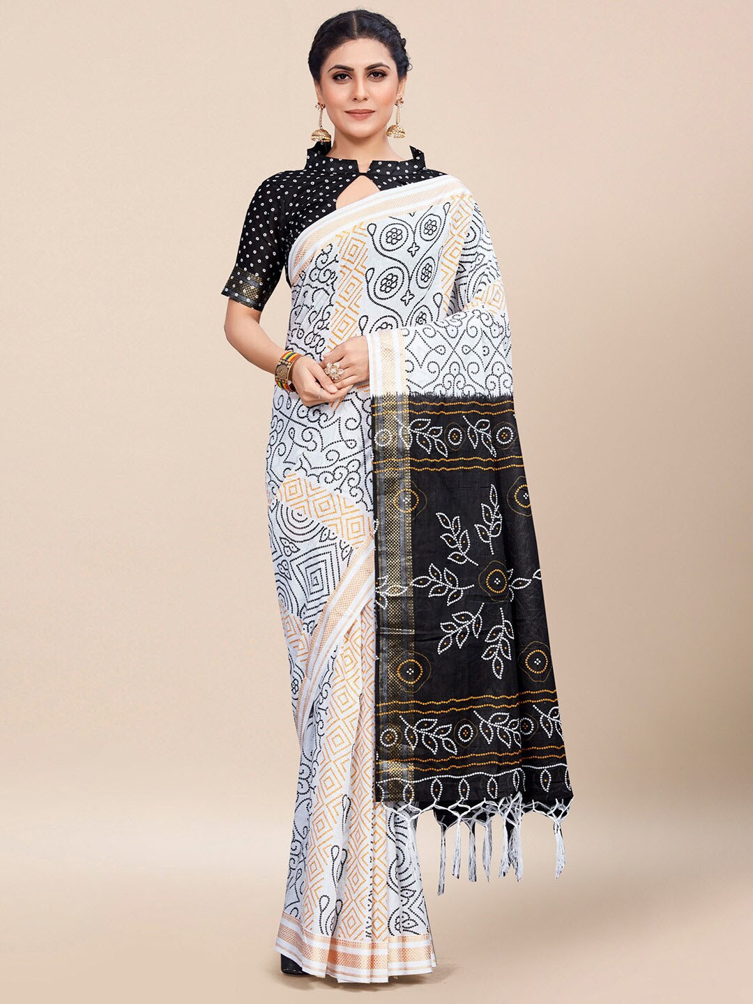 

Saree mall Bandhani Printed Poly Cotton Saree, White