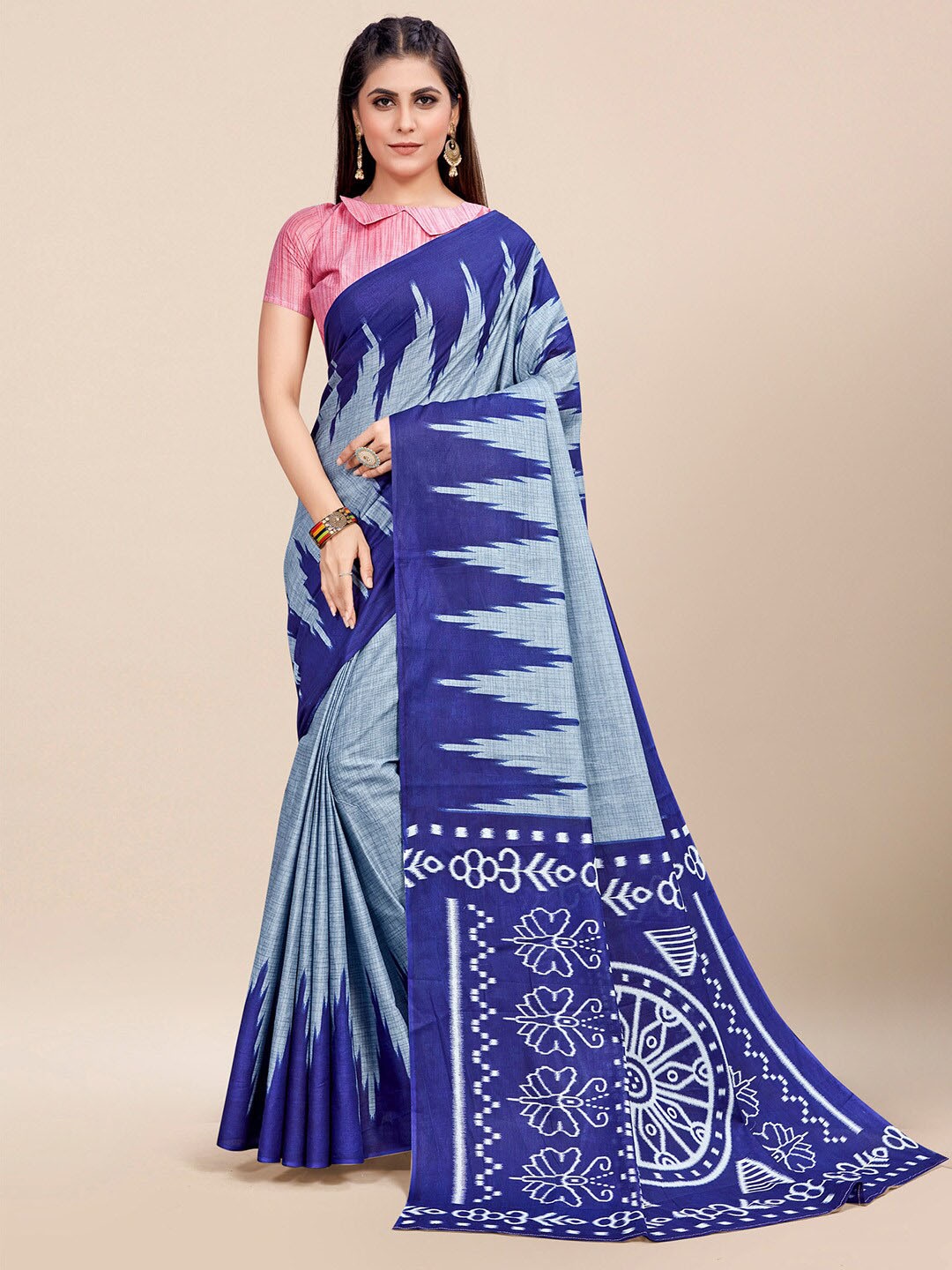 

Saree mall Ethnic Motifs Printed Poly Cotton Ikat Sarees, Blue