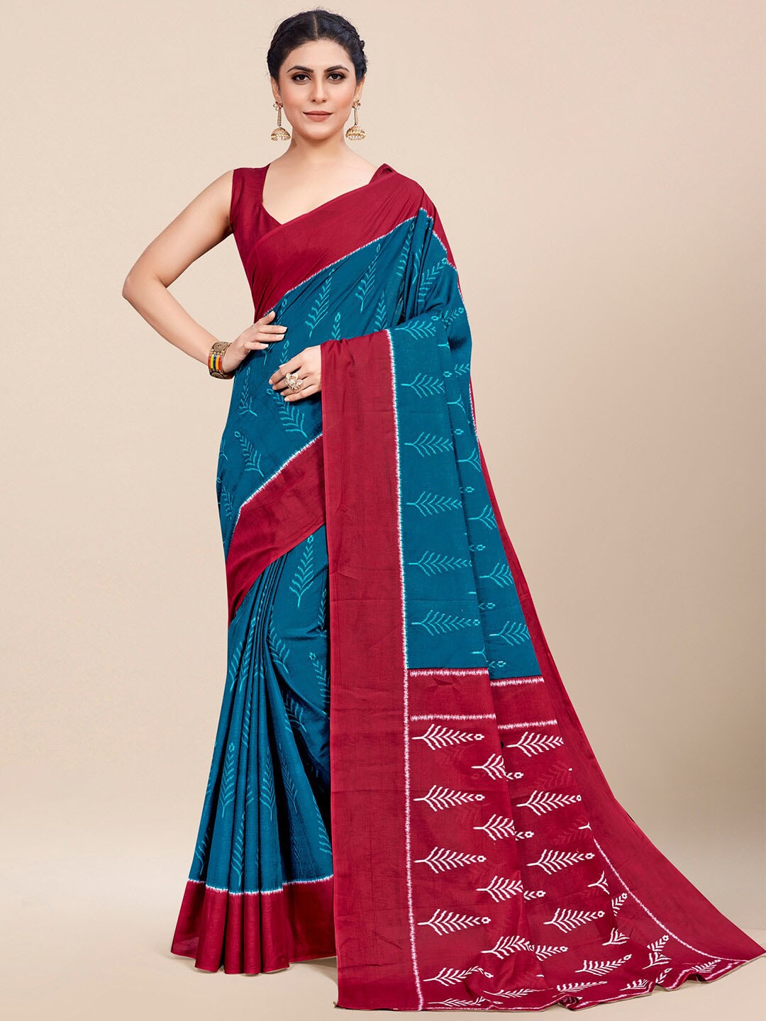 

Saree mall Ethnic Motifs Printed Poly Cotton Saree, Blue