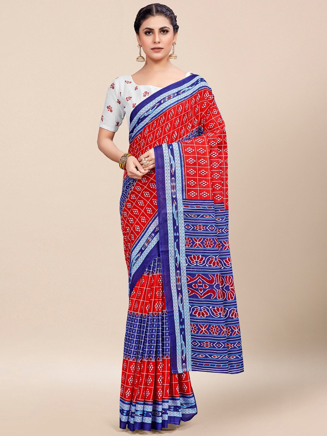 

Saree mall Red & Blue Ethnic Motifs Printed Pure Cotton Ikat Sarees