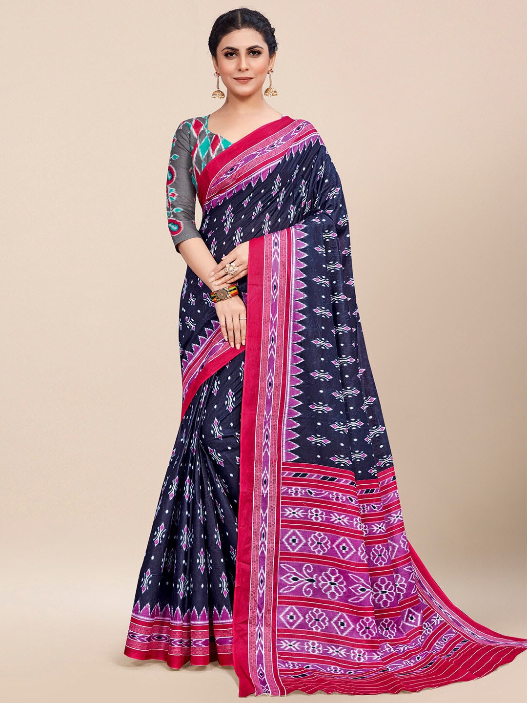 

Saree mall Navy Blue Pink Ethnic Motifs Printed Poly Cotton Ikat Sarees