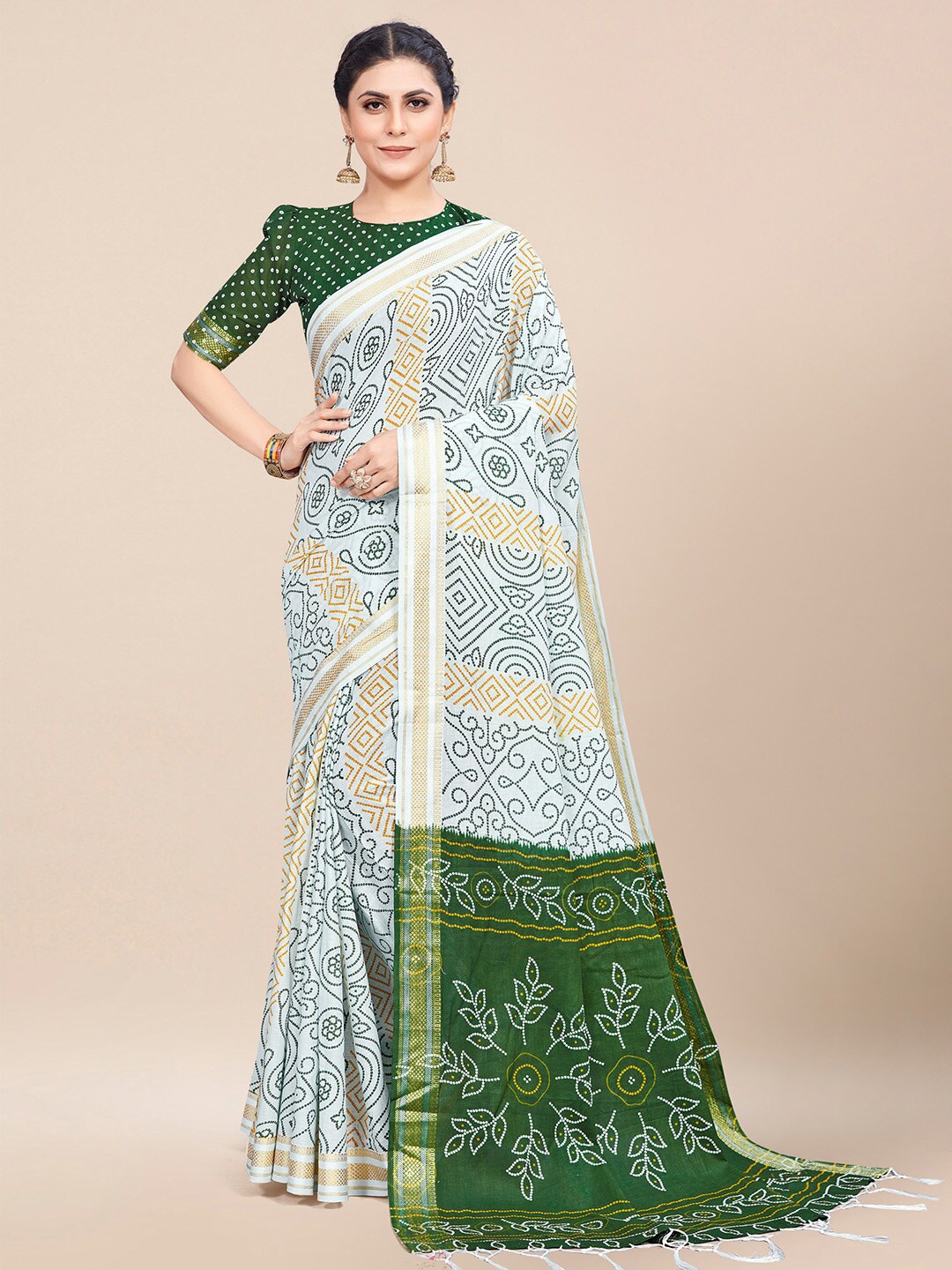 

Saree mall White & Green Bandhani Printed Zari Pure Cotton Sarees