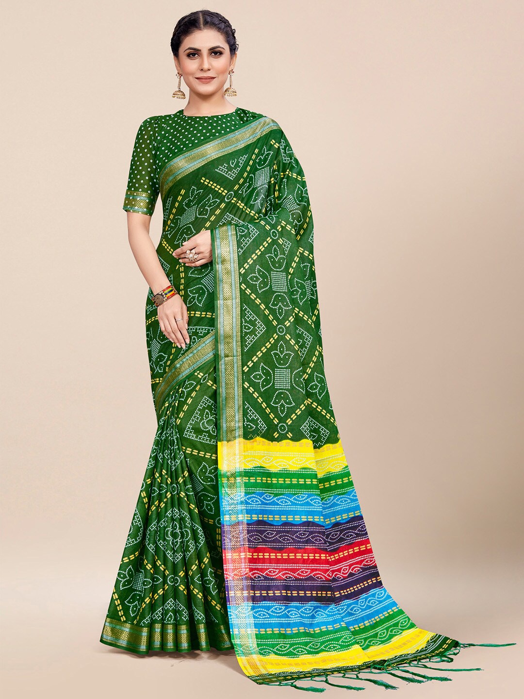 

Saree mall Green & Yellow Bandhani Printed Zari Pure Cotton Bandhani Sarees