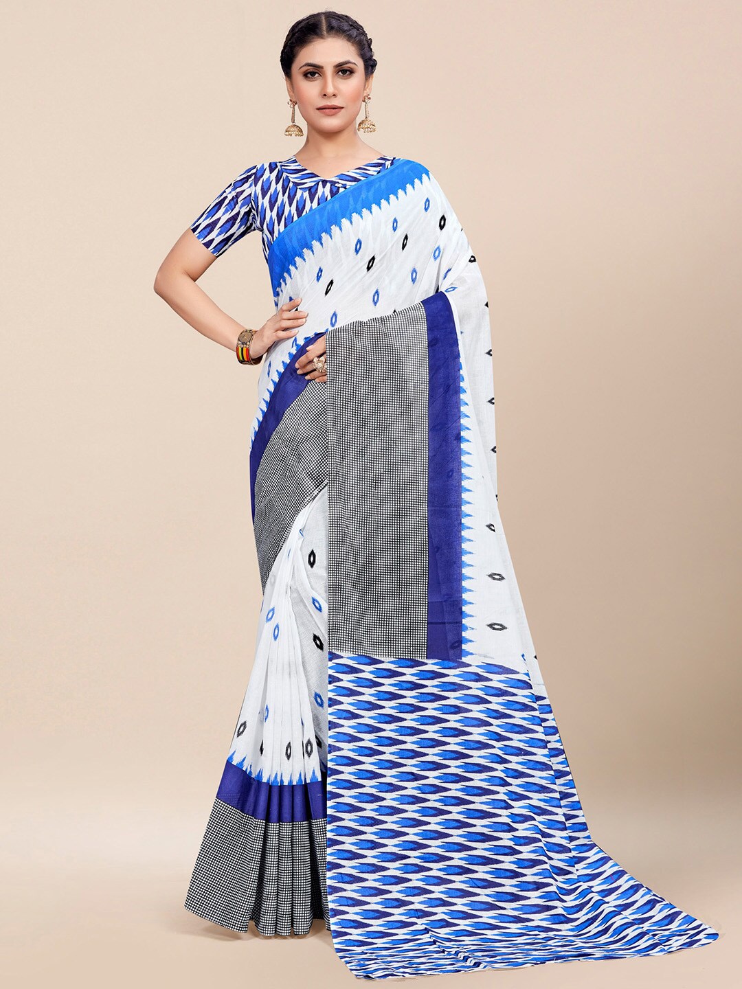 

KALINI Ethnic Motifs Pure Cotton Ikat Saree, White