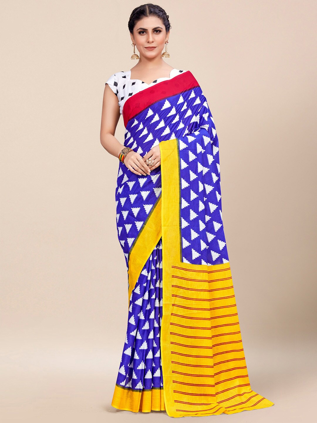 

KALINI Ethnic Motifs Printed Poly Cotton Ikat Saree, Blue