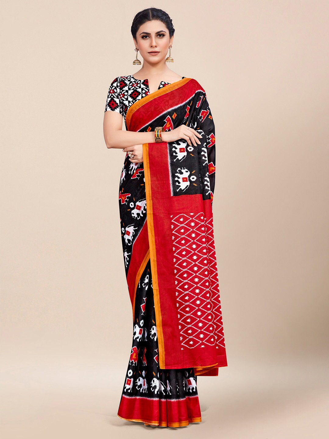 

KALINI Ethnic Motifs Printed Poly Cotton Patola Saree, Black