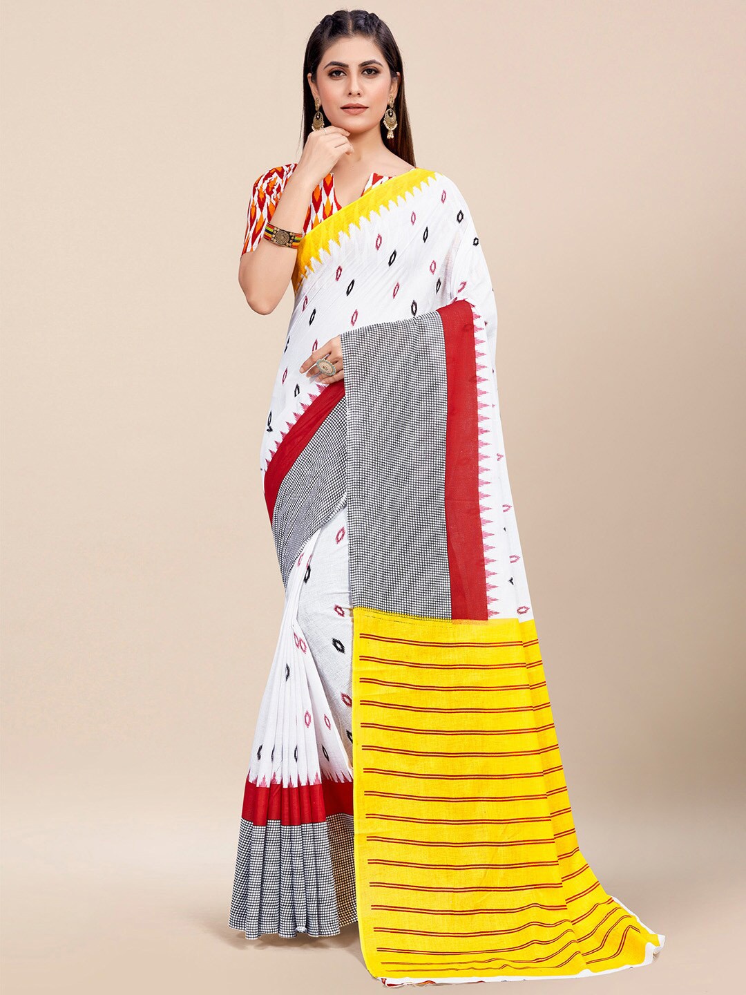 

KALINI Geometric Printed Poly Cotton Ikat Saree, White