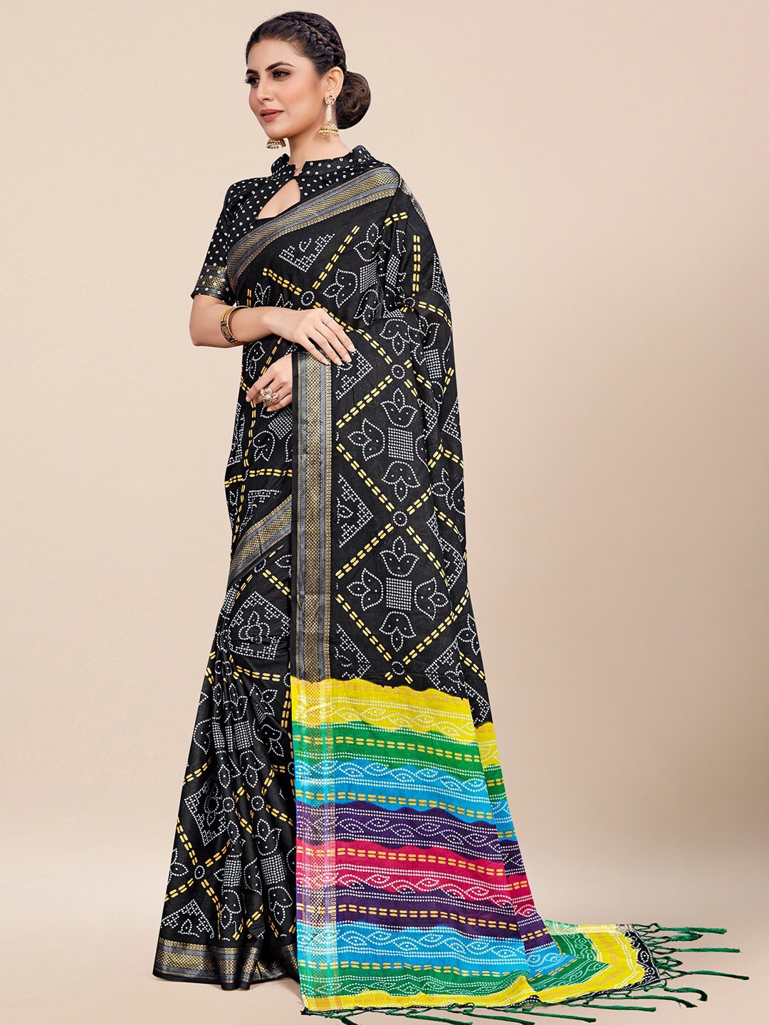 

KALINI Bandhani Zari Poly Cotton Bandhani Saree, Black