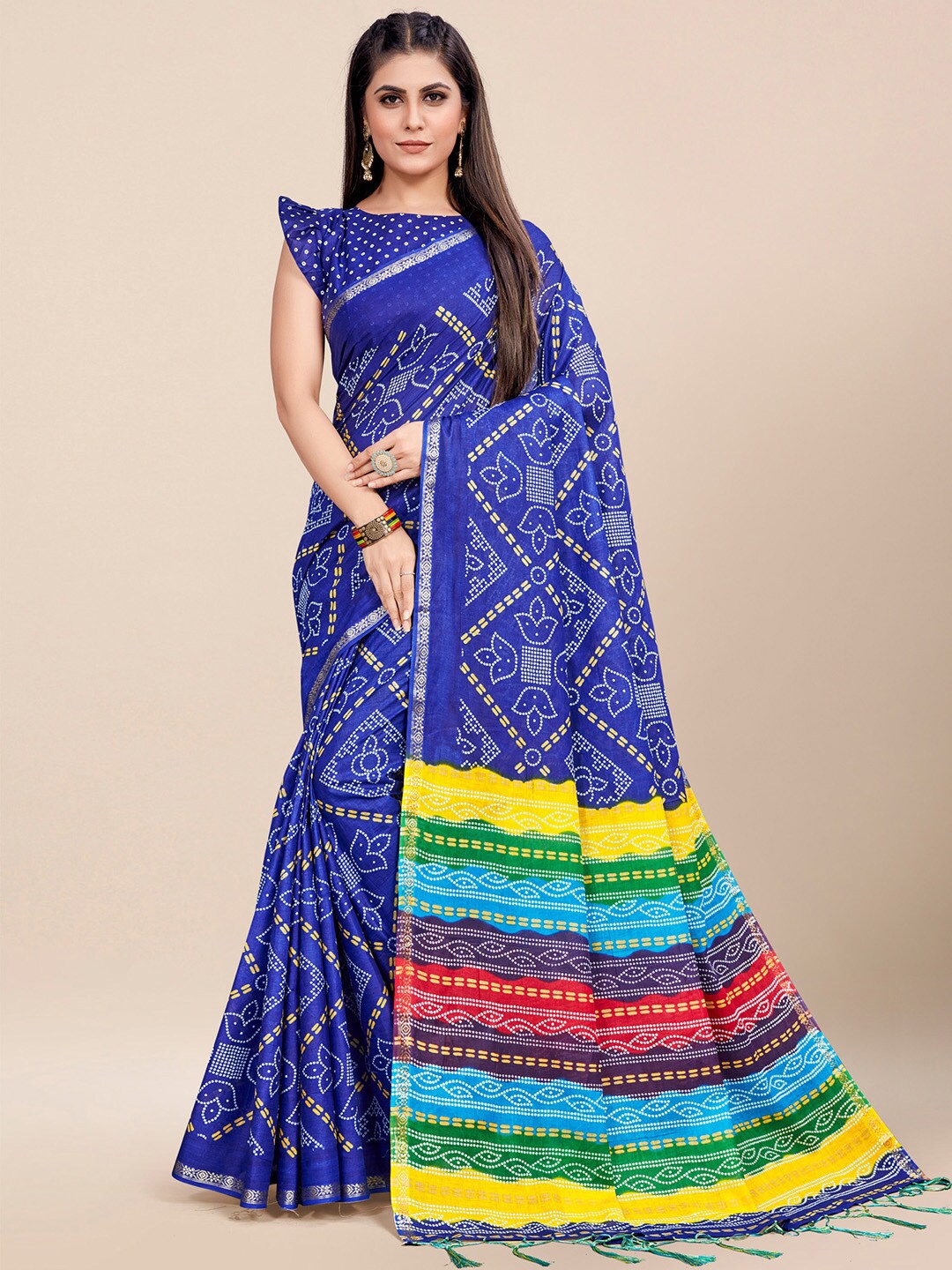 

KALINI Bandhani Printed Zari Poly Cotton Saree, Blue