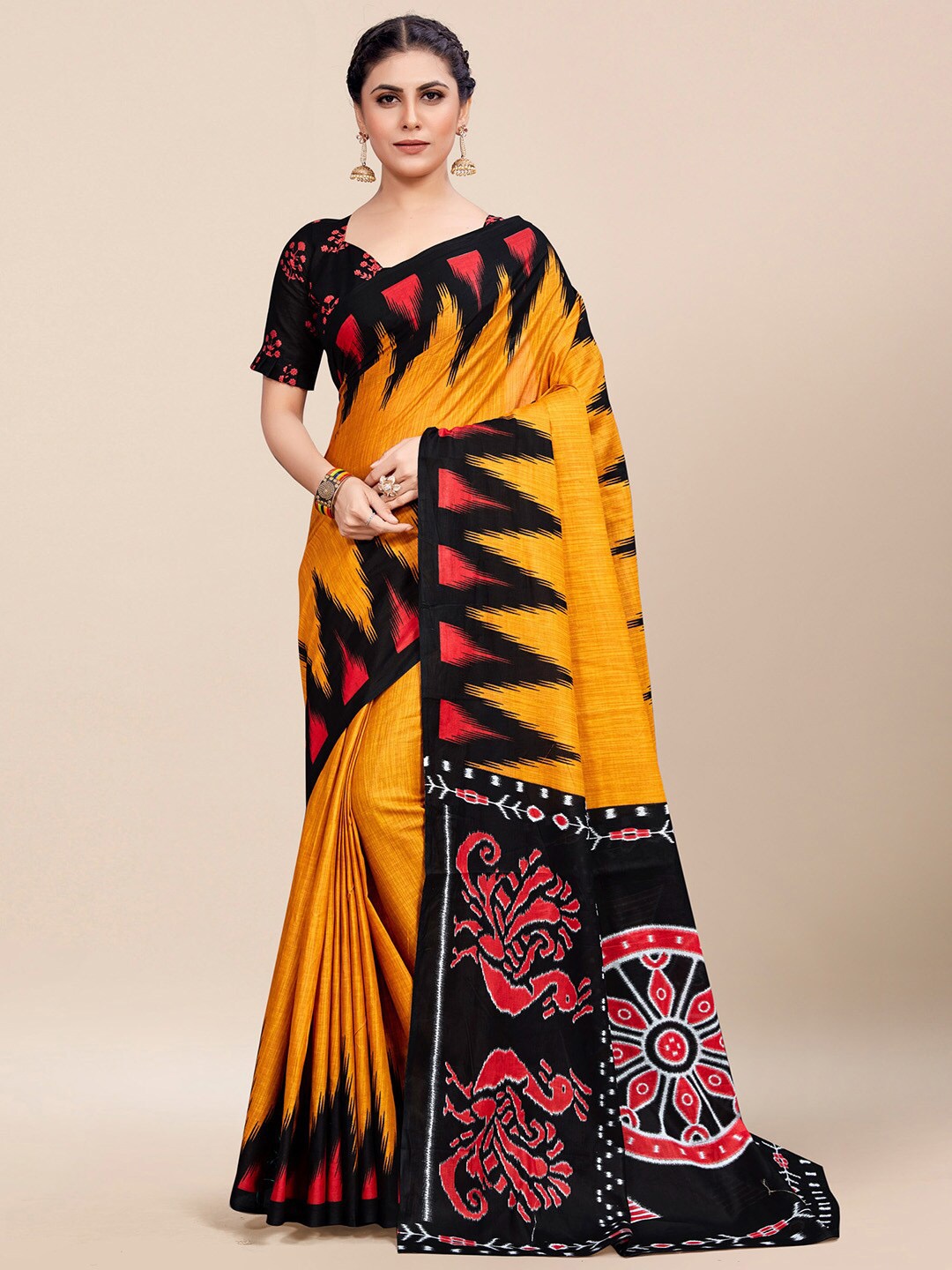 

KALINI Geometric Printed Poly Cotton Ikat Saree, Yellow