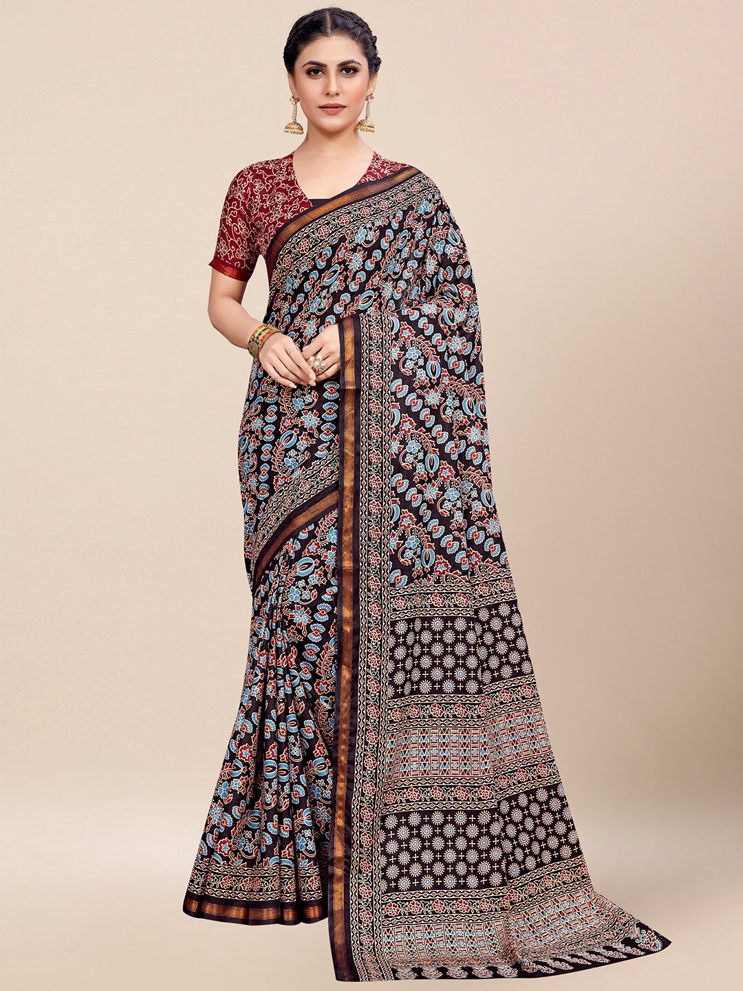 

KALINI Ethnic Motifs Printed Zari Pure Cotton Bagh Saree, Black