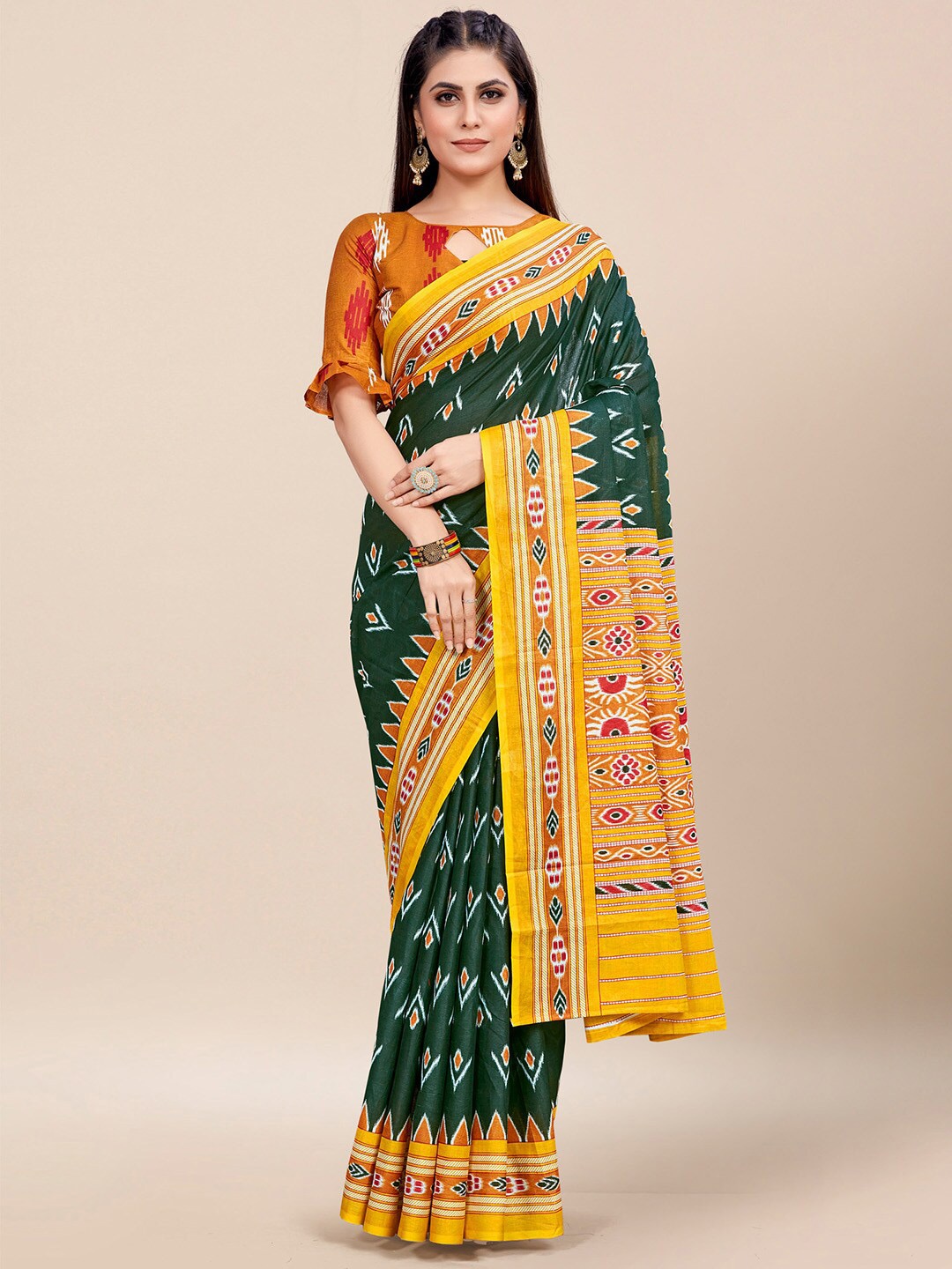 

KALINI Ethnic Motifs Printed Pure Cotton Ikat Saree, Green