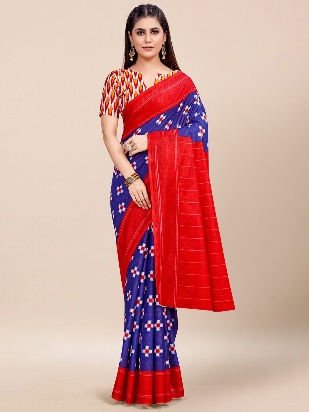 

KALINI Ethnic Motifs Printed Poly Cotton Ikat Saree, Blue