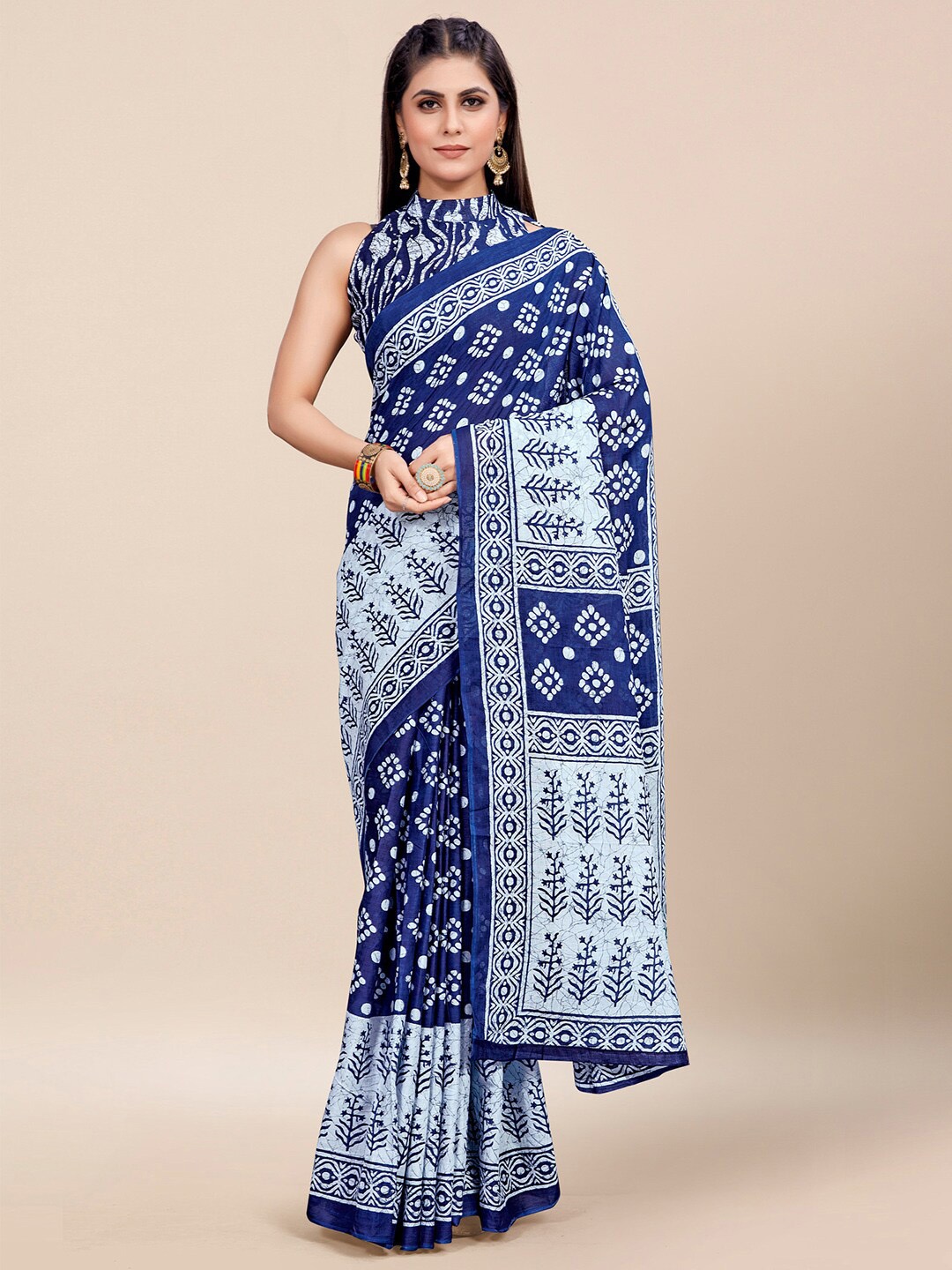 

KALINI Printed Pure Cotton Bagh Saree, Navy blue