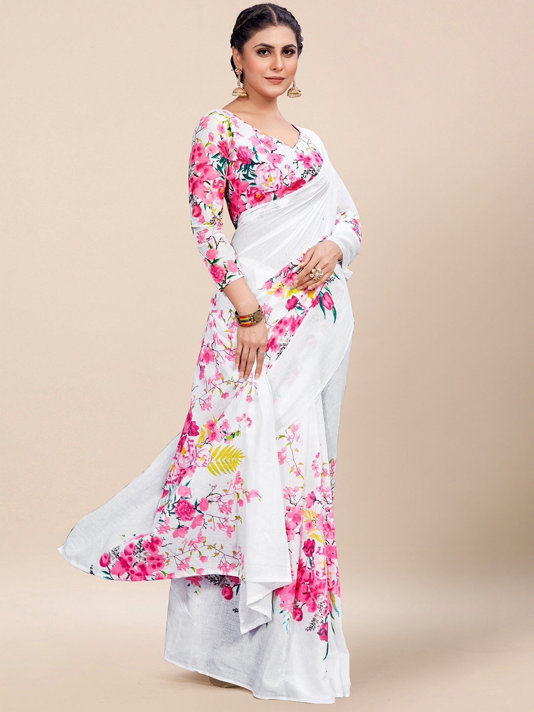 

KALINI Floral Printed Poly Cotton Block Print Saree, White