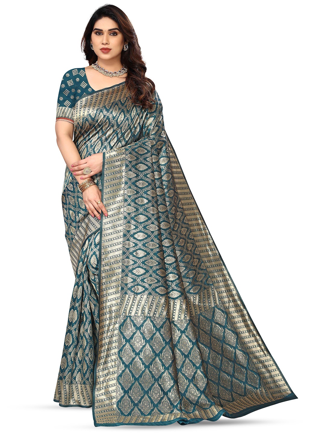 

KALINI Ethnic Motifs Woven Design Zari Silk Cotton Kanjeevaram Saree, Blue