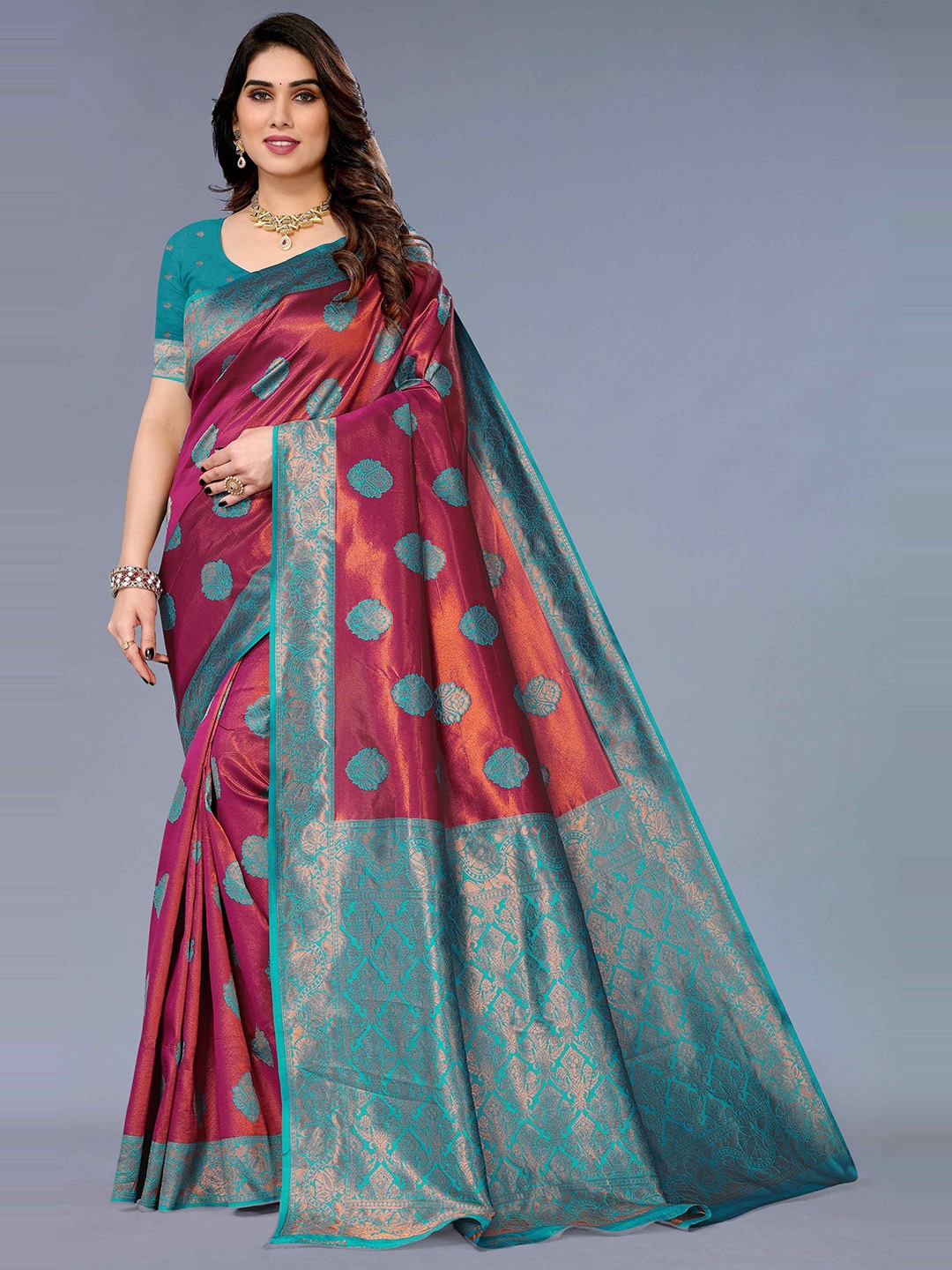 

KALINI Ethnic Motifs Woven Design Zari Silk Cotton Kanjeevaram Saree, Maroon
