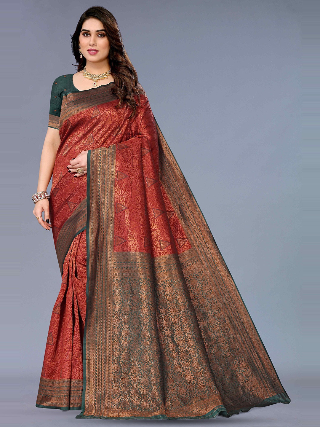 

KALINI Ethnic Motifs Woven Design Zari Silk Cotton Kanjeevaram Saree, Orange