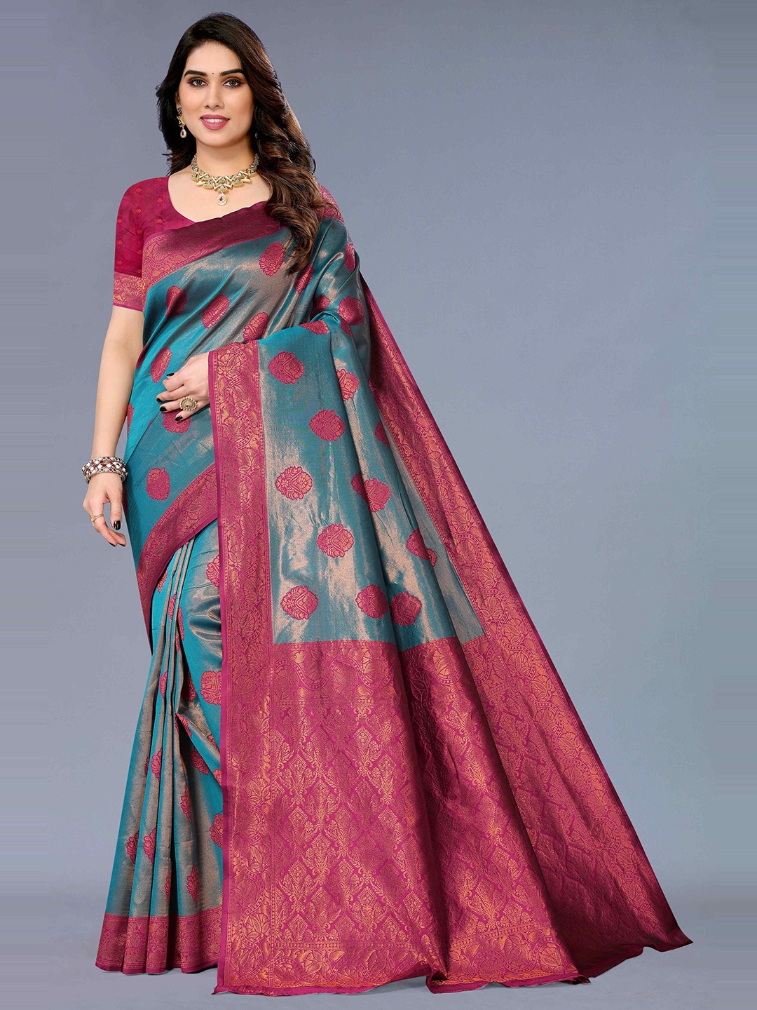 

KALINI Woven Design Zari Silk Cotton Kanjeevaram Saree, Blue