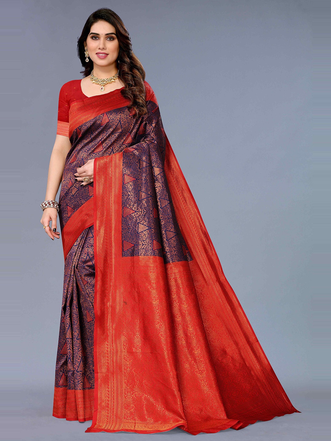 

KALINI Ethnic Motifs Woven Design Zari Silk Cotton Kanjeevaram Saree, Purple