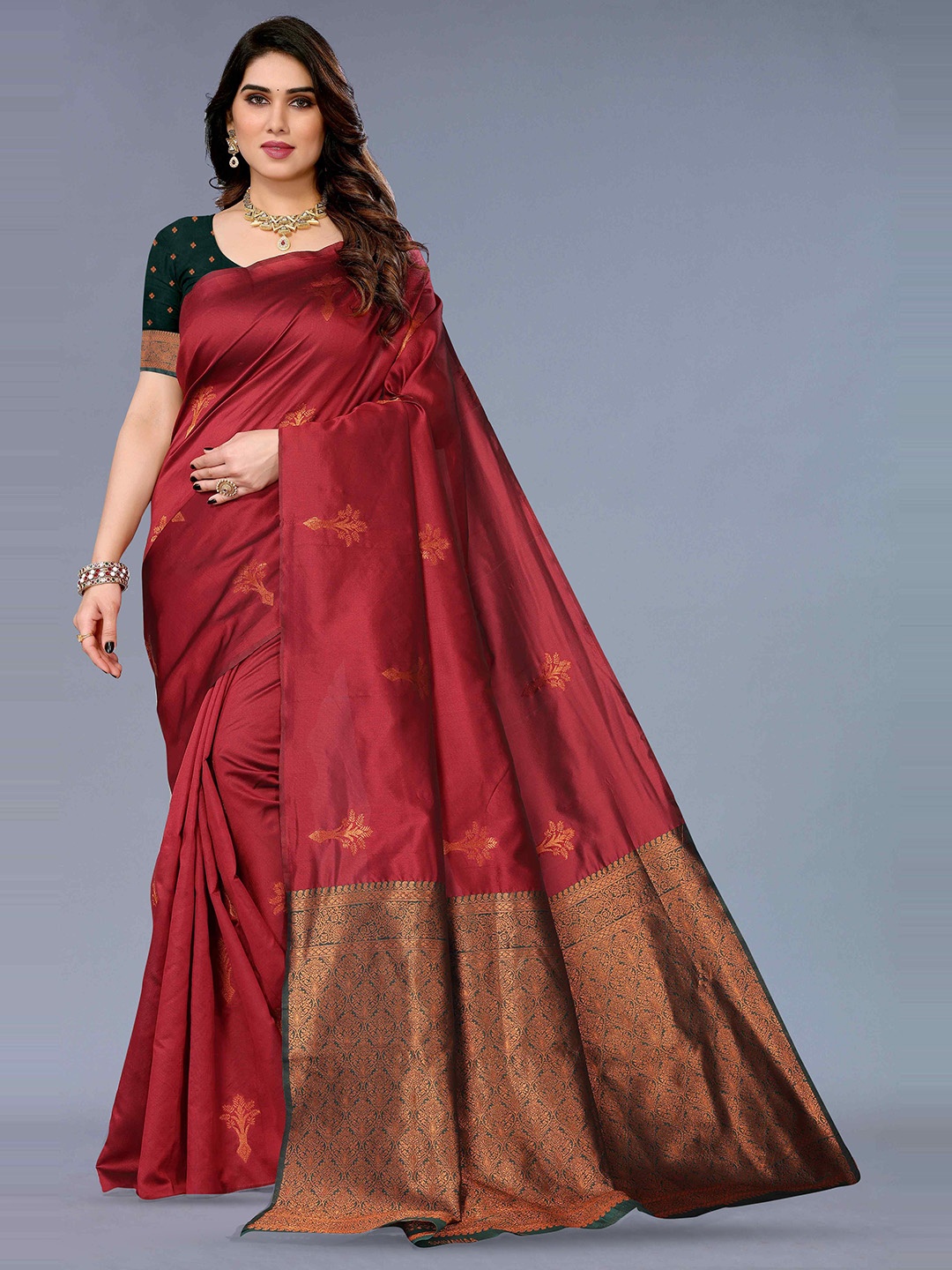 

KALINI Ethnic Motifs Woven Design Zari Jacquard Kanjeevaram Saree, Red