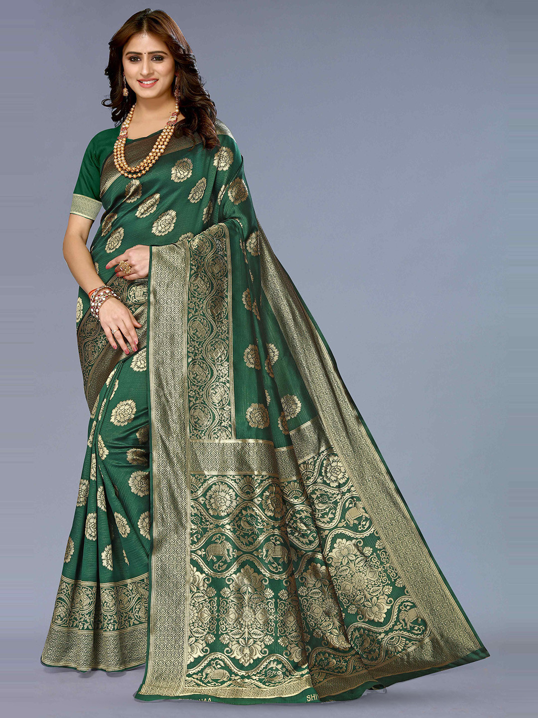 

KALINI Ethnic Motifs Woven Design Zari Silk Cotton Kanjeevaram Saree, Green