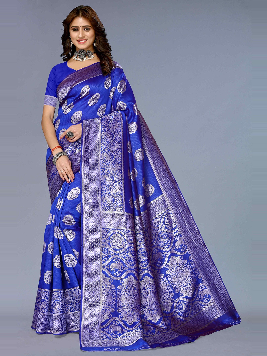 

KALINI Ethnic Motifs Woven Design Zari Silk Cotton Kanjeevaram Saree, Blue