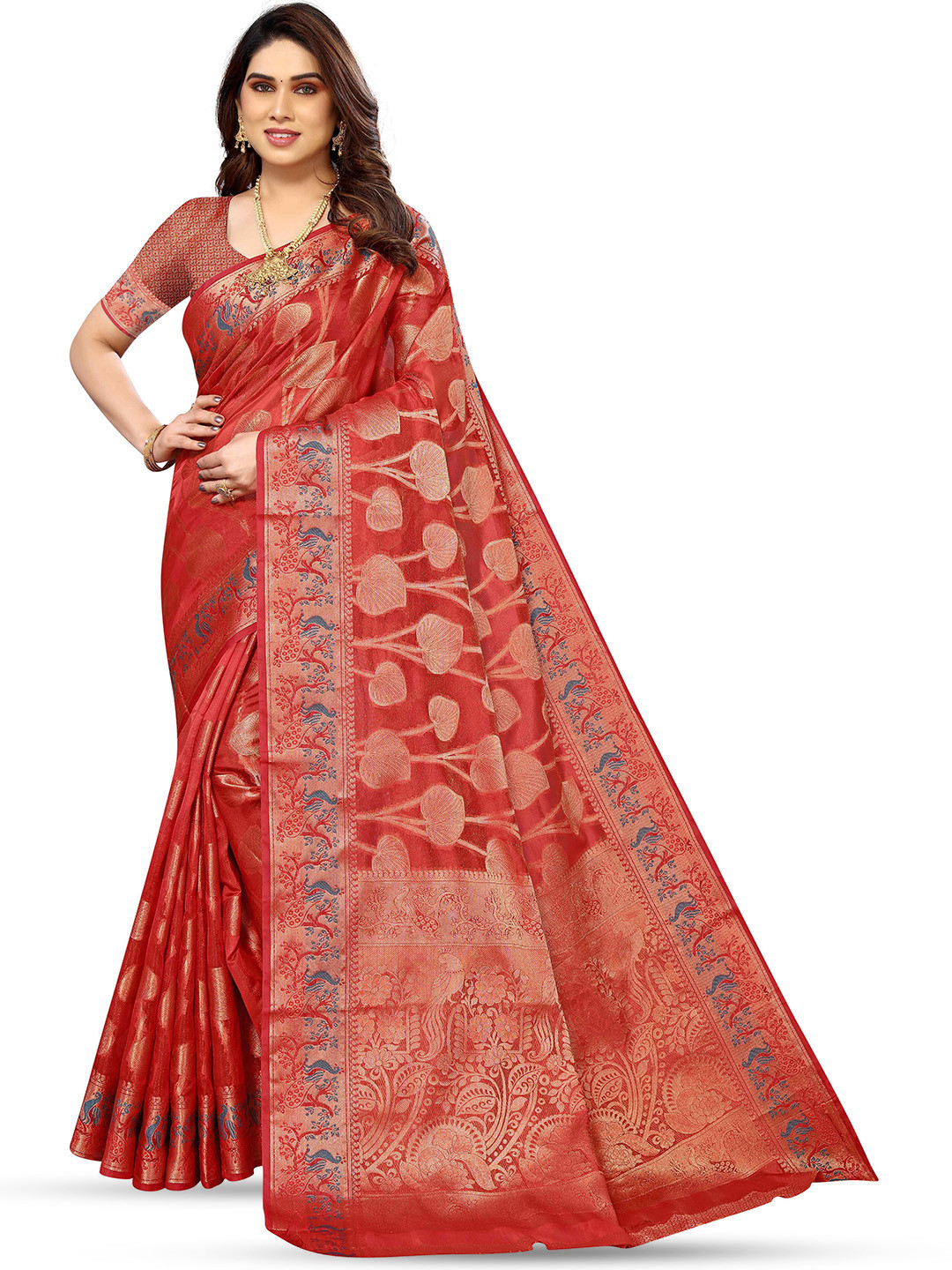 

KALINI Floral Woven Design Zari Silk Cotton Kanjeevaram Saree, Maroon
