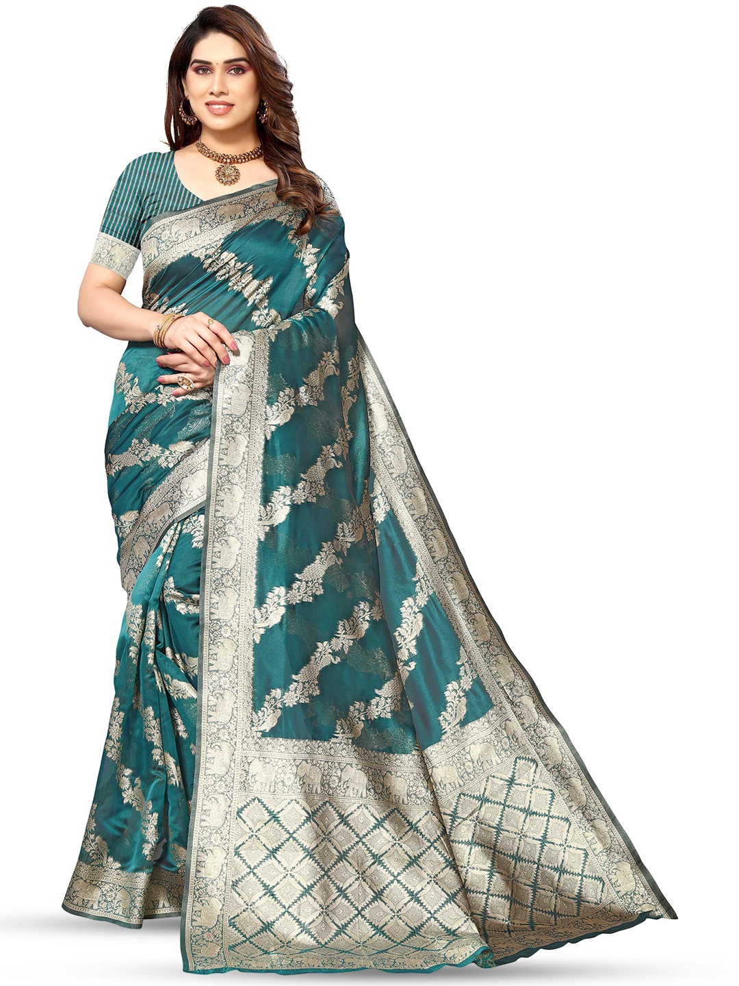 

KALINI Ethnic Motifs Woven Design Zari Silk Cotton Kanjeevaram Saree, Blue