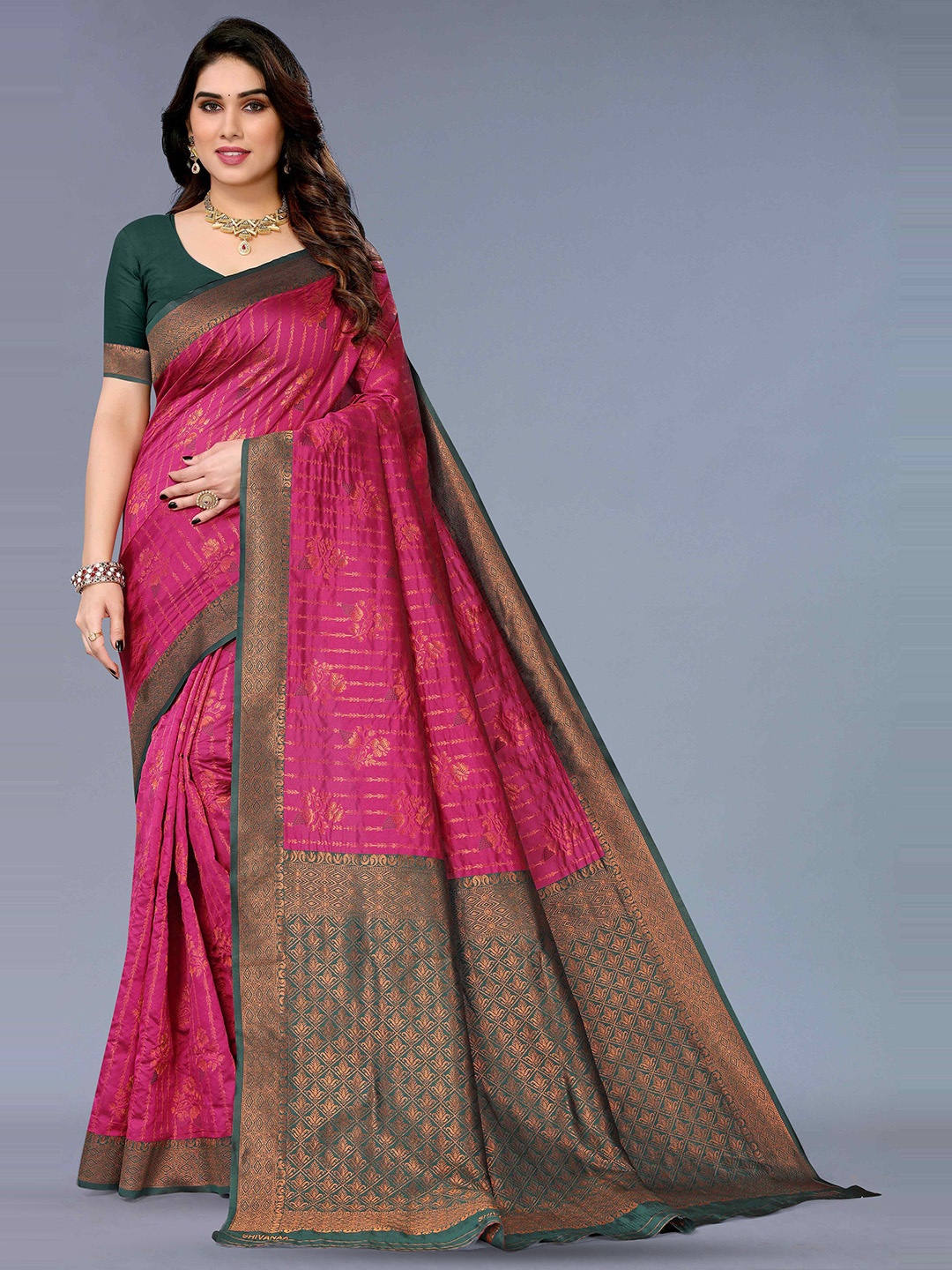 

KALINI Floral Woven Design Zari Silk Cotton Kanjeevaram Saree, Pink