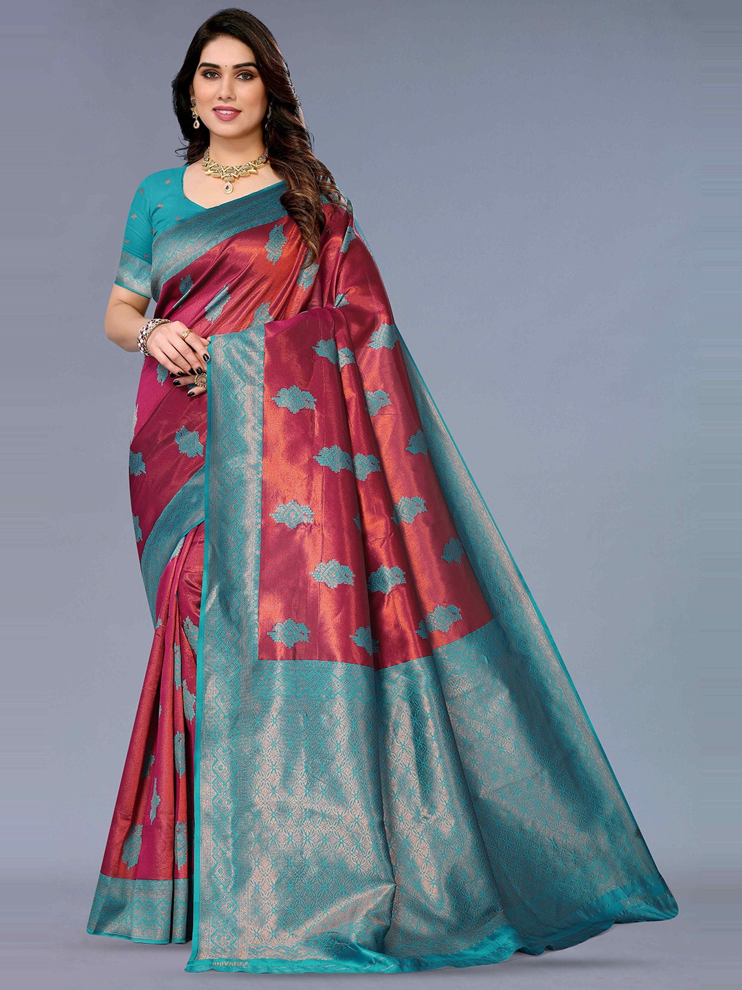 

KALINI Ethnic Motifs Woven Design Zari Silk Cotton Kanjeevaram Saree, Maroon